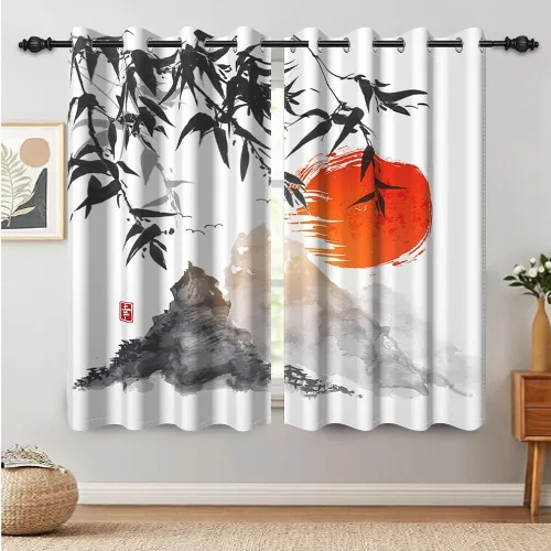 Vista 53 de Cortinas japonesas con pintura de tinta, monte Fuji, sol rojo, puesta de sol, hojas de bambú, cortinas de ventana para dormitorio, sala de estar