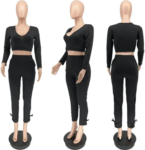 Vista 3 de Halfword Two Piece Outfits for Women V Neck Long Sleeve Crop Top Pants Set Sweatsuits Tracksuits