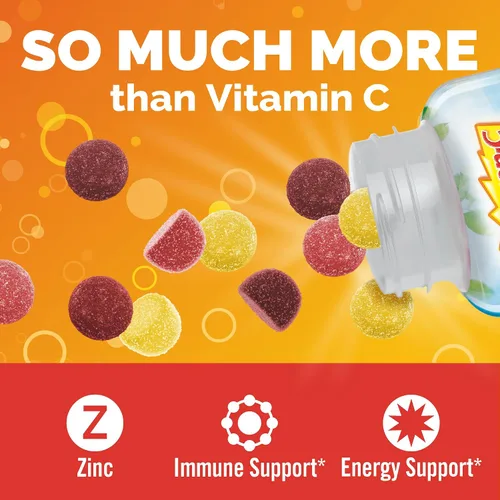 Vista 2 de Emergen-C Gomitas de vitamina C de 750 mg para adultos, gomitas de apoyo inmunológico, sin gluten, sabores de fresa, limón y arándanos, 45