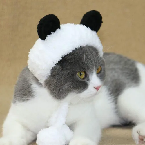Vista 4 de POPETPOP Disfraz de oso panda para perro, calentador de cuello y diadema protector para gato y perro, talla S