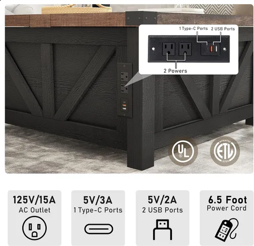 Vista 4 de jimeimen - Mesa de centro elevable de estilo granja con almacenamiento, mesa central cuadrada de madera con estación de carga y puerto USB, mesa