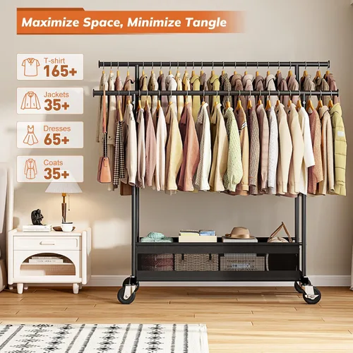 Vista 2 de Perchero de ropa para colgar ropa, perchero portátil con ruedas, perchero de ropa de doble barra con cesta de almacenamiento, perchero