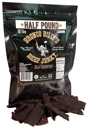 Vista 22 de Bolsa resellable de media libra de carne de res con sabor a bourbon Bronco Billy's Beef Jerky