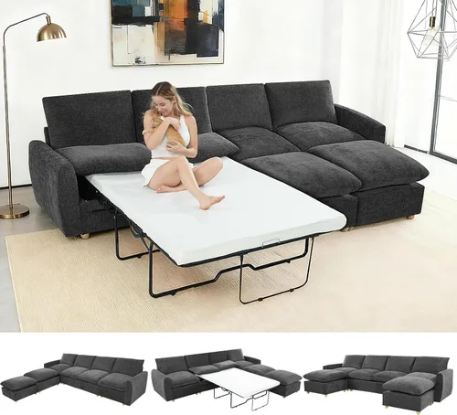 Vista 10 de Sofá extraíble en forma de L con cama cama y otomana de almacenamiento, sofá modular de felpilla para sala de estar, sofá modular en forma de L