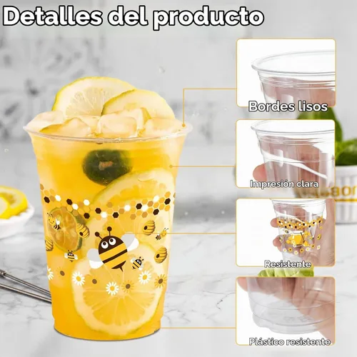 Vista 4 de 100 piezas de vasos de plástico con temática de abejas para fiesta, 12 onzas, vasos desechables de miel, vasos transparentes con lindo tema
