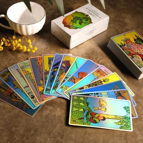 Vista 5 de Cartas de tarot holográficas, baraja de tarot de 78 cartas con guía