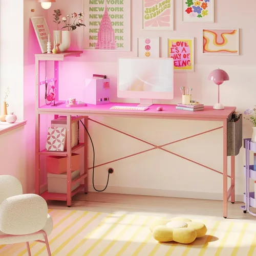 Vista 11 de Bestier - Escritorio de juegos con luces LED, escritorio para PC de 44 pulgadas para espacios pequeños, escritorio de computadora con estantes