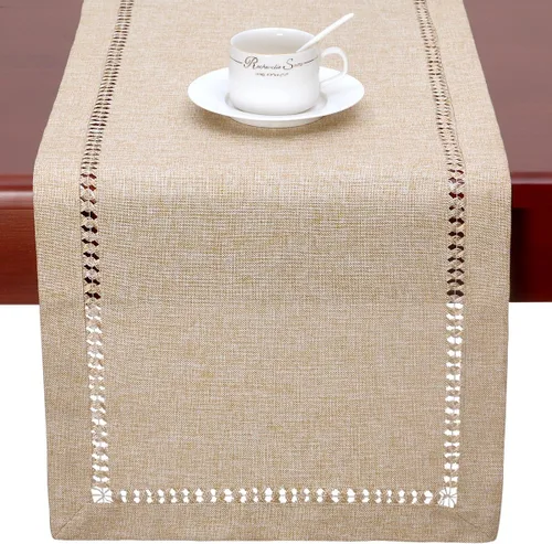 Vista 6 de Grelucgo - Camino de mesa o bufanda para aparador con dobladillo hecho a mano, color beige, rectangular de 14 por 36 pulgadas