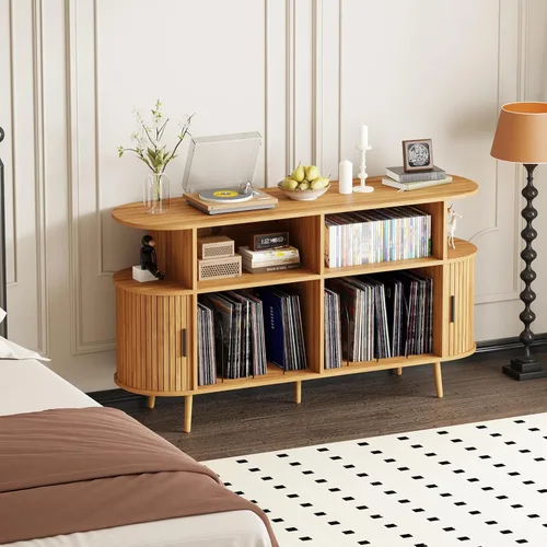 Vista 7 de Mid-Century - Moderno soporte para tocadiscos con carga USB y luces LED, gabinete de almacenamiento de vinilo estriado, capacidad para más de 300