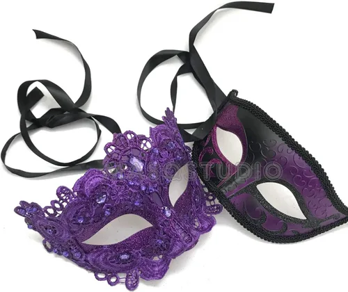 Vista 10 de MASQ Par de máscaras de encaje brocado para mascarada, Mardi Gras, cumpleaños, graduación, boda, fiesta Bk Lace W Pluma
