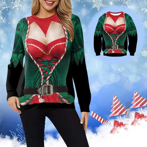 Vista 2 de Sudadera unisex divertida de Navidad con cuello redondo, sudaderas feas de Navidad, camisas de entrenamiento de manga larga
