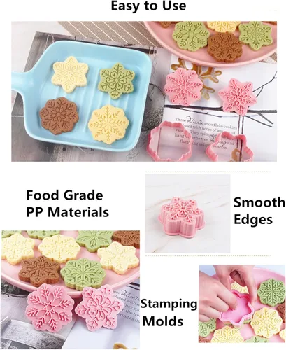 Vista 5 de Juego de 9 patrones de sellos de galletas de copo de nieve 3D, plástico de grado alimenticio, 6 ramas con forma de copos de nieve, cortadores