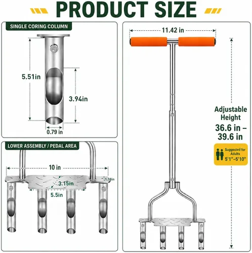 Vista 6 de Manual Core Aerator Lawn Tool with 4 Hollow Tines, 3.94-Inch Plug Aerator