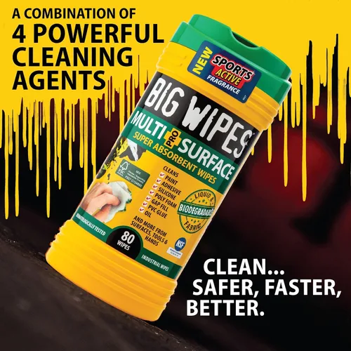 Vista 3 de BIG WIPES Recipiente multisuperficie resistente, paños de limpieza súper absorbentes para manos, superficies y herramientas, recipiente de 80