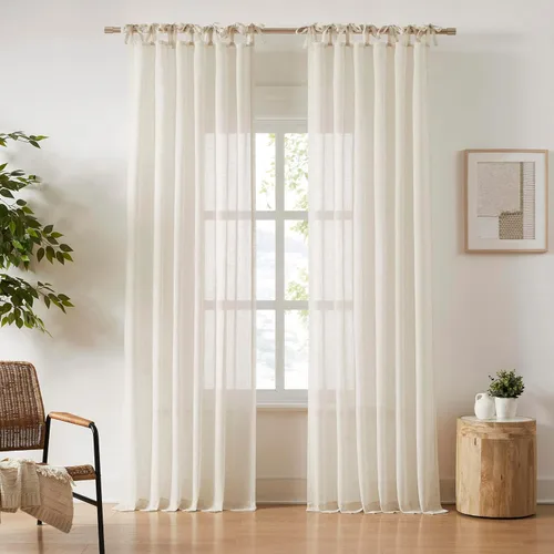 Vista 8 de Central Park Cortina de lino con lazo superior semitransparente, tratamiento de ventana, mezcla de lino y algodón, decoración para sala de estar
