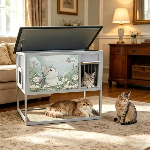 Vista 2 de Casa de madera elevada para gatos al aire libre, recinto resistente a la intemperie para gatos con techo que se abre, puerta cortada y puerta