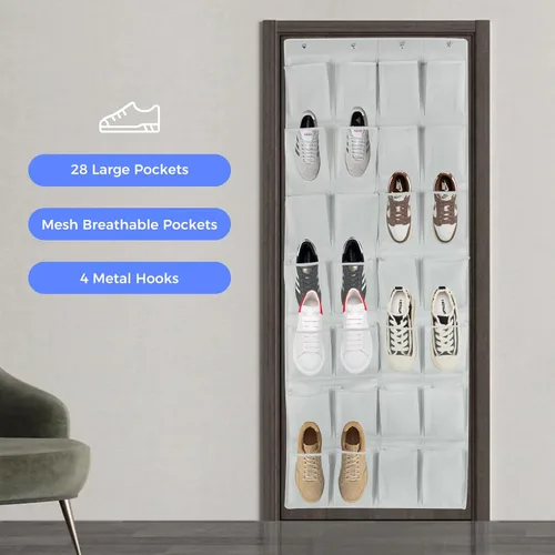 Vista 2 de GOMAJI Organizador de zapatos sobre la puerta con 28 bolsillos grandes y 4 ganchos para puertas de diferentes anchos, soporte colgante