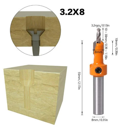 Vista 6 de Juego de 5 brocas avellanadas para taladrar madera, taladros para carpintería, taladros para carpintería, herramienta de carpintería con llaves