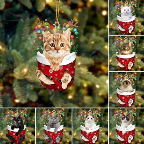 Vista 3 de Adorno personalizado de gato de rizo americano, adorno personalizado con nombre de mascota, colgante acrílico plano impreso en 2D, Papá Noel y gato