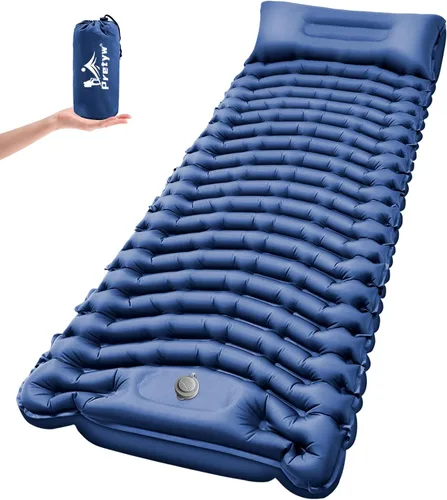 Vista 9 de Colchoneta de dormir para camping, colchón ultraligero con almohada, bomba de pie integrada, alfombrilla portátil inflable compacta para mochileros