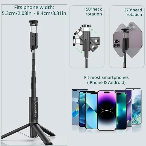 Vista 2 de Trípode selfie stick con control remoto de aleación de aluminio para teléfono, control remoto Bluetooth y soporte de rotación de 270° compatible