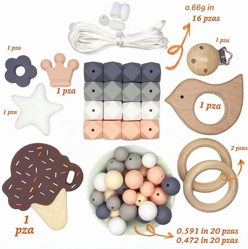 Vista 2 de DIY cuentas de silicona helado conjunto collar pulsera silicona hexágono perlas anillo de madera TZ001