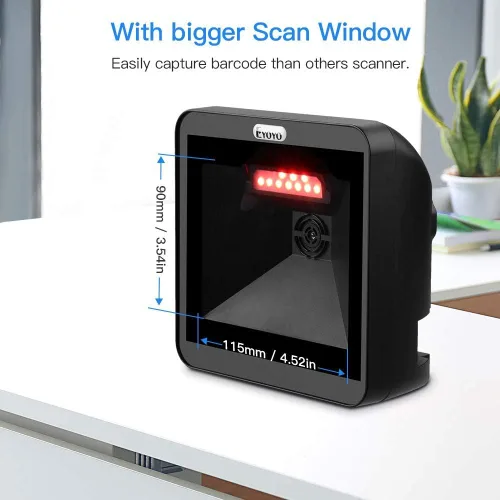 Vista 7 de Eyoyo Escáner de código de barras QR 2D manos libres, lector de código de barras automático 1D de escritorio omnidireccional Ventana de escaneo