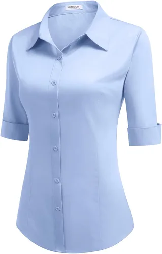 Vista 2 de HOTOUCH Camisa básica de manga 34 con botones para mujer, ajustada, de algodón