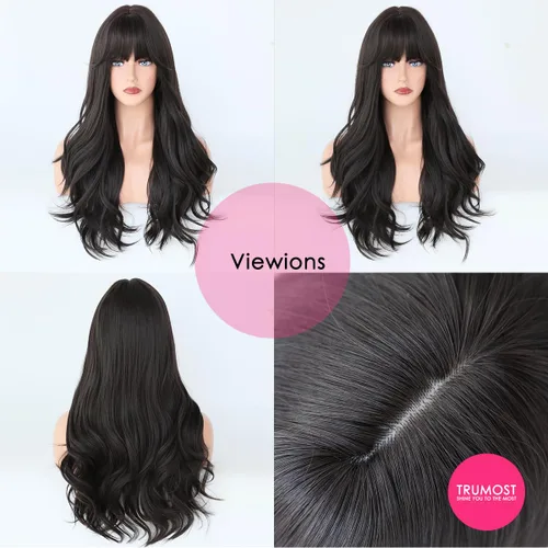 Vista 4 de Peluca larga negra ondulada para mujer, peluca sintética de color oscuro con flequillo, resistente al calor, de aspecto natural, sin pegamento