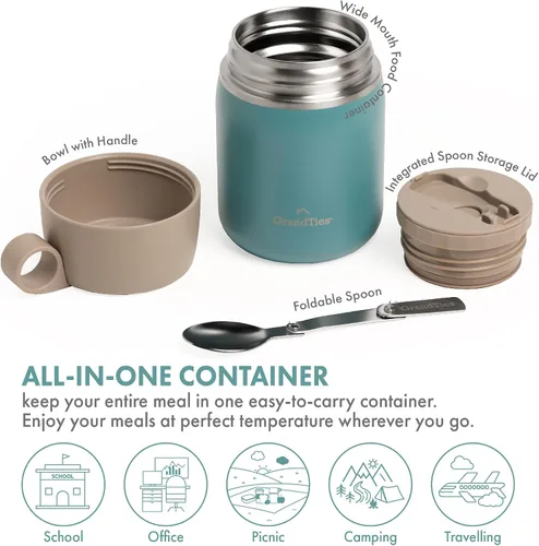 Vista 2 de GRANDTIES Tarro de comida aislado, recipiente térmico de acero inoxidable de boca ancha de 20 onzas sin BPA para alimentos calientes, con asa