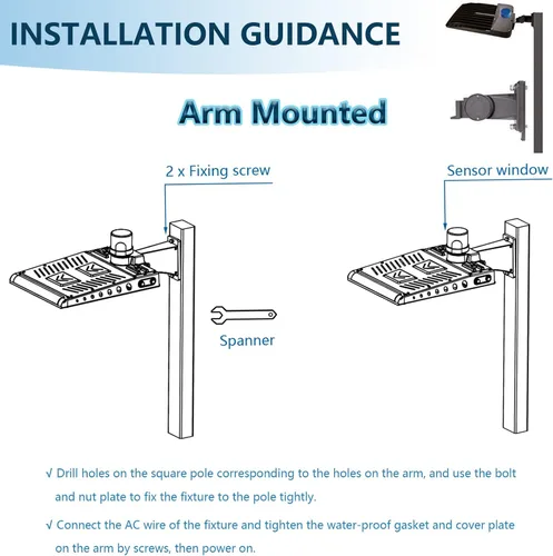 Vista 5 de Luz LED de estacionamiento de 100 W con fotocélula y soporte de brazo ajustable, 14000 lúmenes 5000 K, atenuación de 0-10 V para exteriores