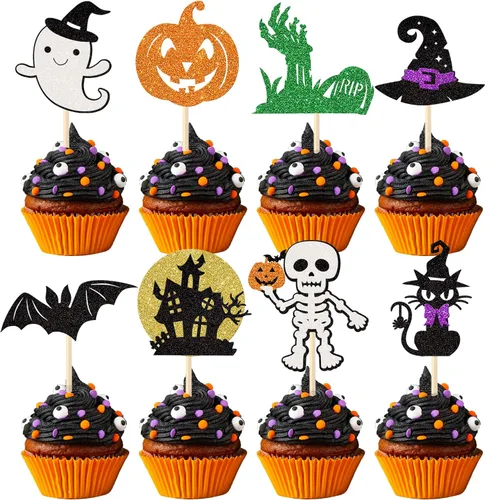 Vista 19 de Rsstarxi Paquete de 24 adornos para cupcakes Little Boo con purpurina, bruja, gato, calabaza, castillo, fantasma, magdalenas, alimentos, decoración