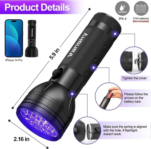 Vista 6 de Linterna de luz negra UV para detección de orina de mascotas Vansky, detector ultravioleta de 51 leds para orina de perro/gato, manchas secas
