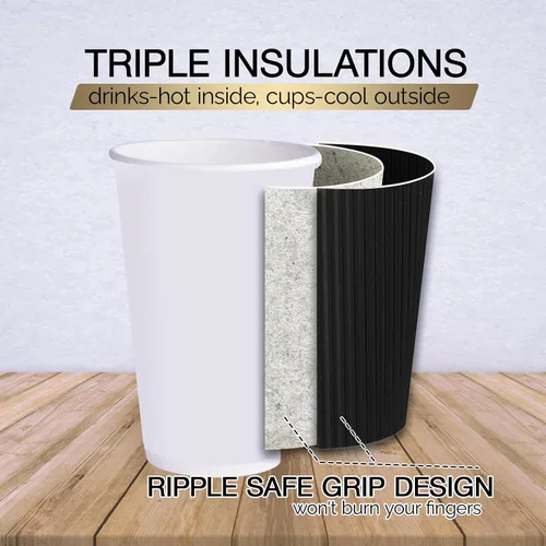 Vista 3 de JollyPack Paquete de 60 tazas de café de papel de 12 onzas, tazas desechables negras con pared ondulada aislada para café, té y chocolate caliente