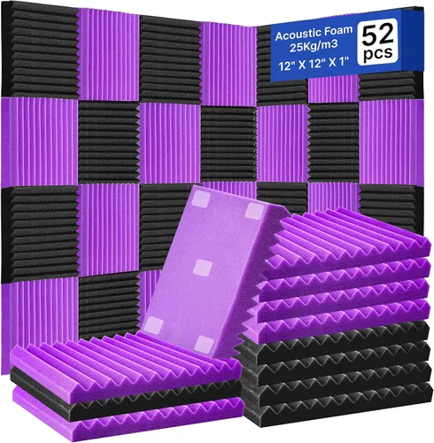 Vista 10 de Paquete de 52 paneles de espuma acústica de 1 x 12 x 12 pulgadas, paneles de pared de espuma acústica de absorción de sonido (negro/azul)