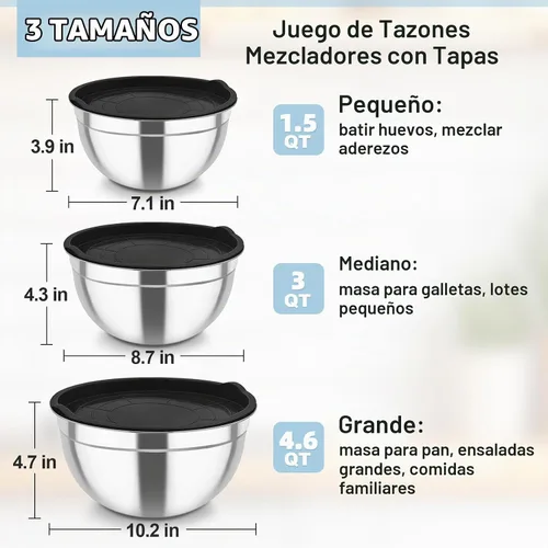 Vista 2 de TeamFar Cuencos para mezclar, 4,6/3 / 1,5 QT, juego de cuencos de ensalada anidables de acero inoxidable con tapas herméticas, para Negro