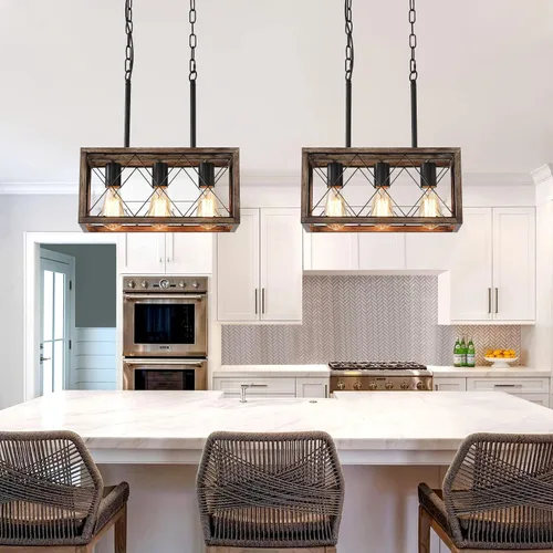 Vista 5 de KEESFU Iluminación de isla de cocina de granja, accesorios de iluminación colgante de 3 luces, altura ajustable, luz industrial para comedor de sala