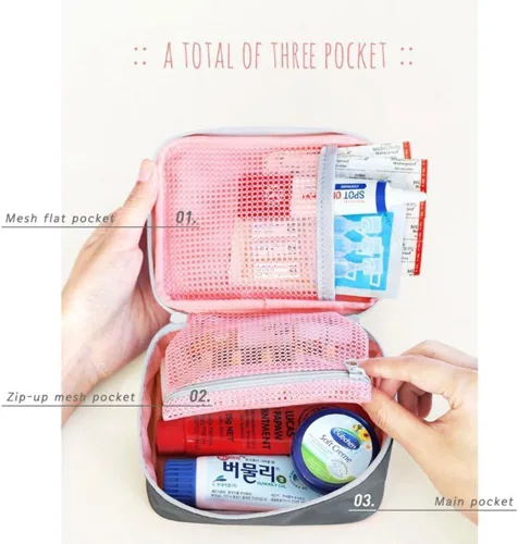 Vista 4 de Mini kit de primeros auxilios al aire libre rosa bolsa de viaje portátil organizador de medicina kit de emergencia kits de primeros auxilios