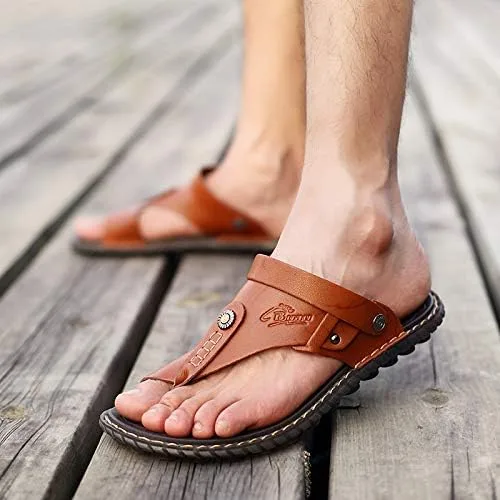 Vista 8 de Sandalias para hombre para interiores y exteriores, chanclas de playa, informales, de cuero, sin cordones, dos usos, pantuflas atléticas, suaves
