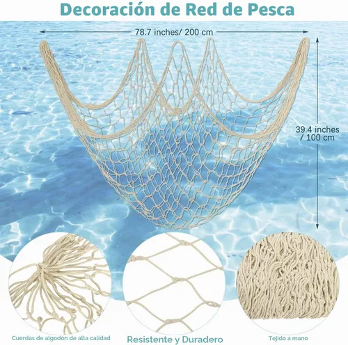 Vista 2 de Aodaer 4 piezas de red de pescado natural decorativa de algodón natural, decoración de playa para cumpleaños de sirena, bebé, tiburón, cumpleaños