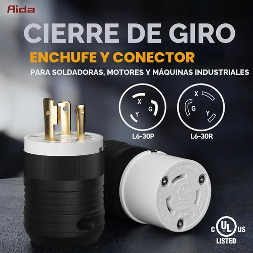 Vista 3 de AIDA NEMA L6-30P y NEMA L6-30R - Enchufe y conector de bloqueo, adaptador macho y hembra, generador de torsión, 30 amperios, 250 voltios, conexión a