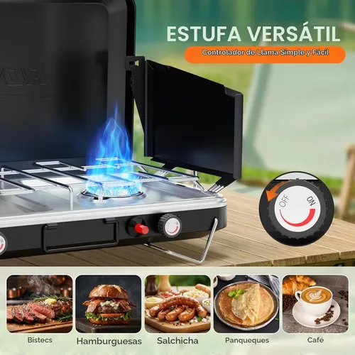Vista 3 de ROVSUN Estufa de camping portátil de 2 quemadores con encendedor, estufa de campamento de propano de 20000 BTU con adaptador, mango integrado