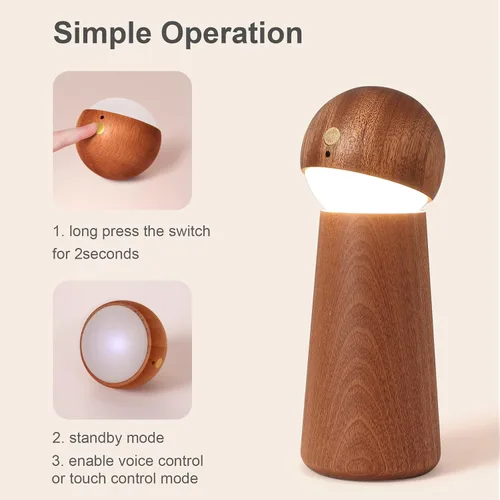 Vista 5 de Lámpara de mesa activada por voz de madera Luz nocturna recargable para habitación