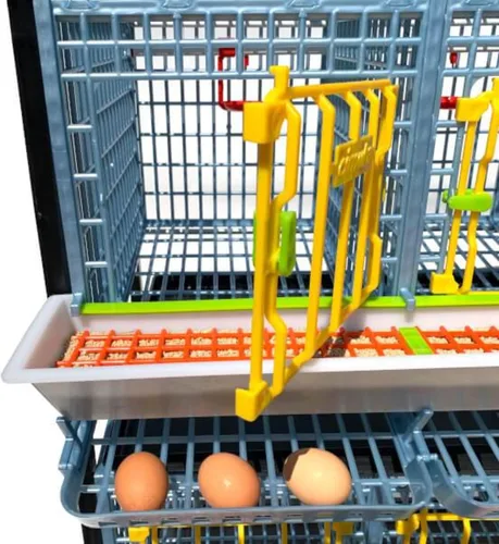 Vista 6 de Jaula para pollos – 2 capas de 15 pulgadas con rodillos de huevo, bebedor automático, alimentador inteligente, bandeja de estiércol, apilable
