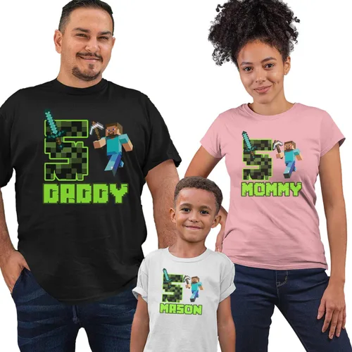 Vista 2 de StickyGumDrop Camisetas personalizadas para aventuras de mineros con cumpleaños temático de Steve Negro