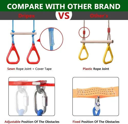 Vista 5 de Dripex - Carrera de obstáculos ninja warrior de 50 pies para niño con accesorios completos, columpio, trapecio, escalera de cuerda, red