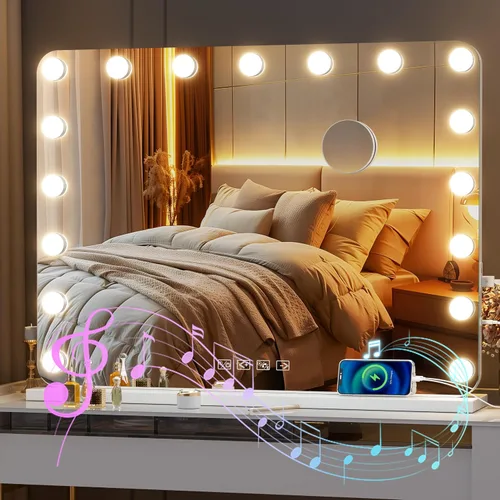 Vista 14 de Hasipu Espejo de tocador Hollywood de vidrio templado de 29 x 20.01 pulgadas con luces, altavoz Bluetooth, espejo de maquillaje con luces, 14