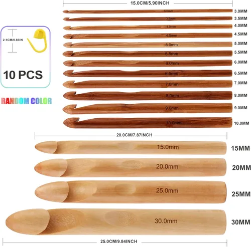 Vista 2 de 16 piezas de ganchos de ganchillo de madera, de 3 a 30 mm de diámetro, mango de ganchillo, agujas de tejer con 10 marcadores de punto de tejer