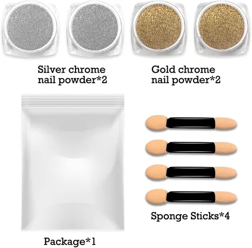 Vista 7 de Polvo de uñas cromado dorado y plateado – 4 tarros de sirena con purpurina efecto espejo brillante Aurora polvo para mujeres y niñas regalos