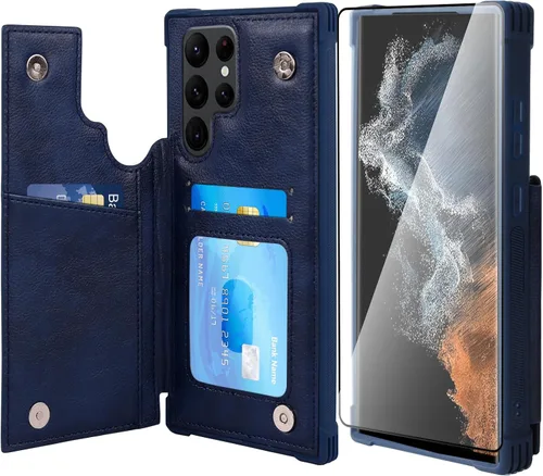 Vista 14 de VANAVAGY Funda tipo cartera compatible con Galaxy S22 con soporte para tarjetas de bloqueo RFID, piel sintética, cierre magnético, función atril